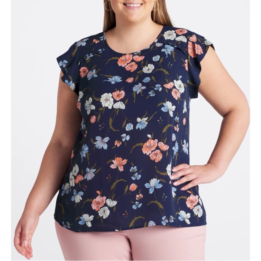 Les Serein Navy Floral Katrina Ruffle Detail Blouse Womens Size 2X